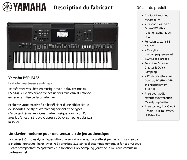 Avis Clavier Arrangeur Yamaha PSR E 463, comparatif, promo et réduc