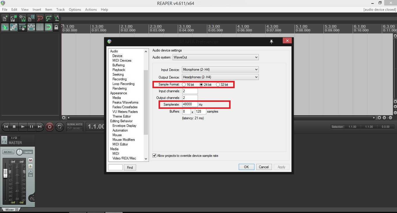 Reaper sample rate &amp; bit depth settings