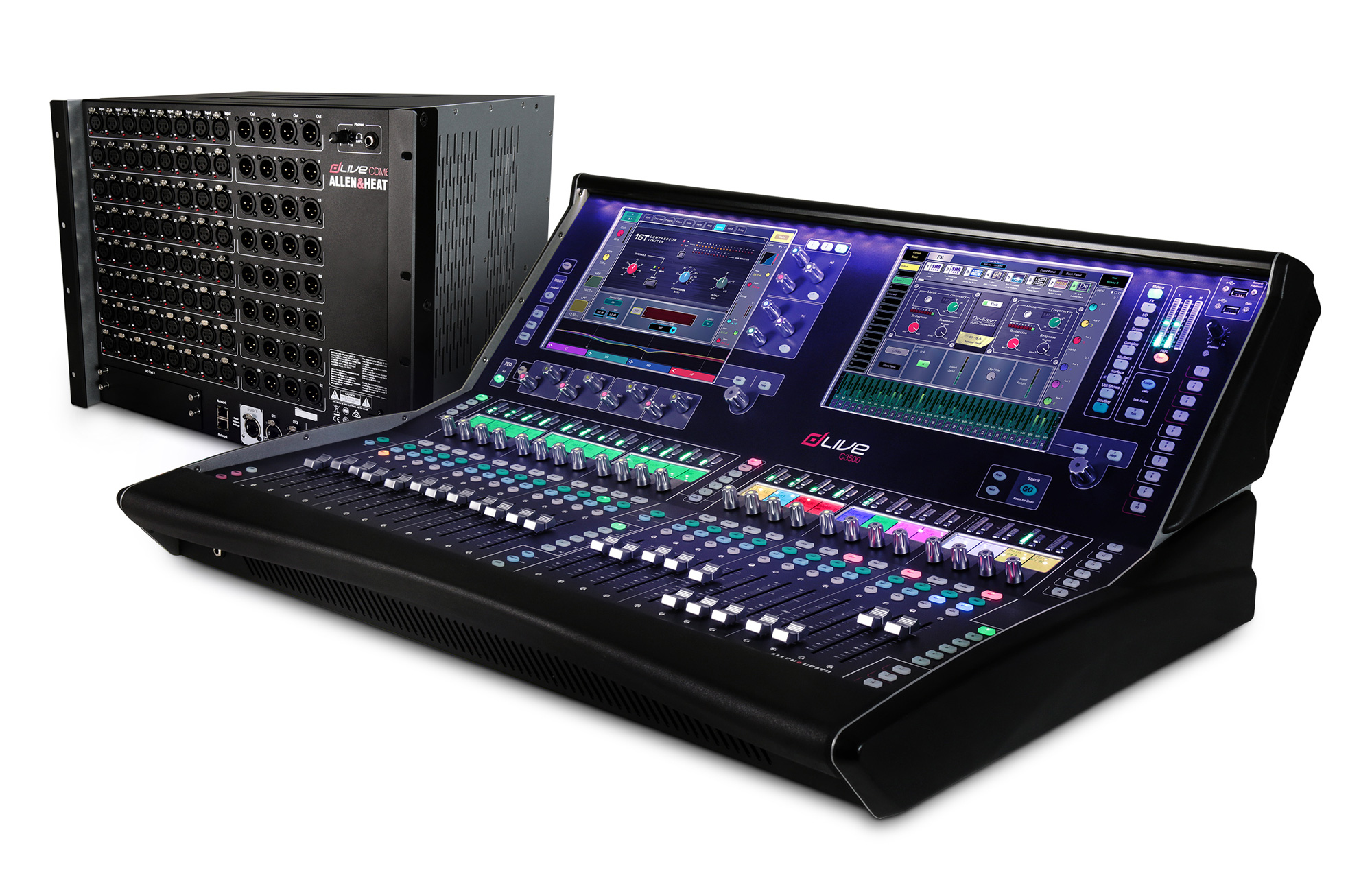 Allen &amp; Heath C3500 : dLive C3500CDM64 3quarter Left Purple Lights