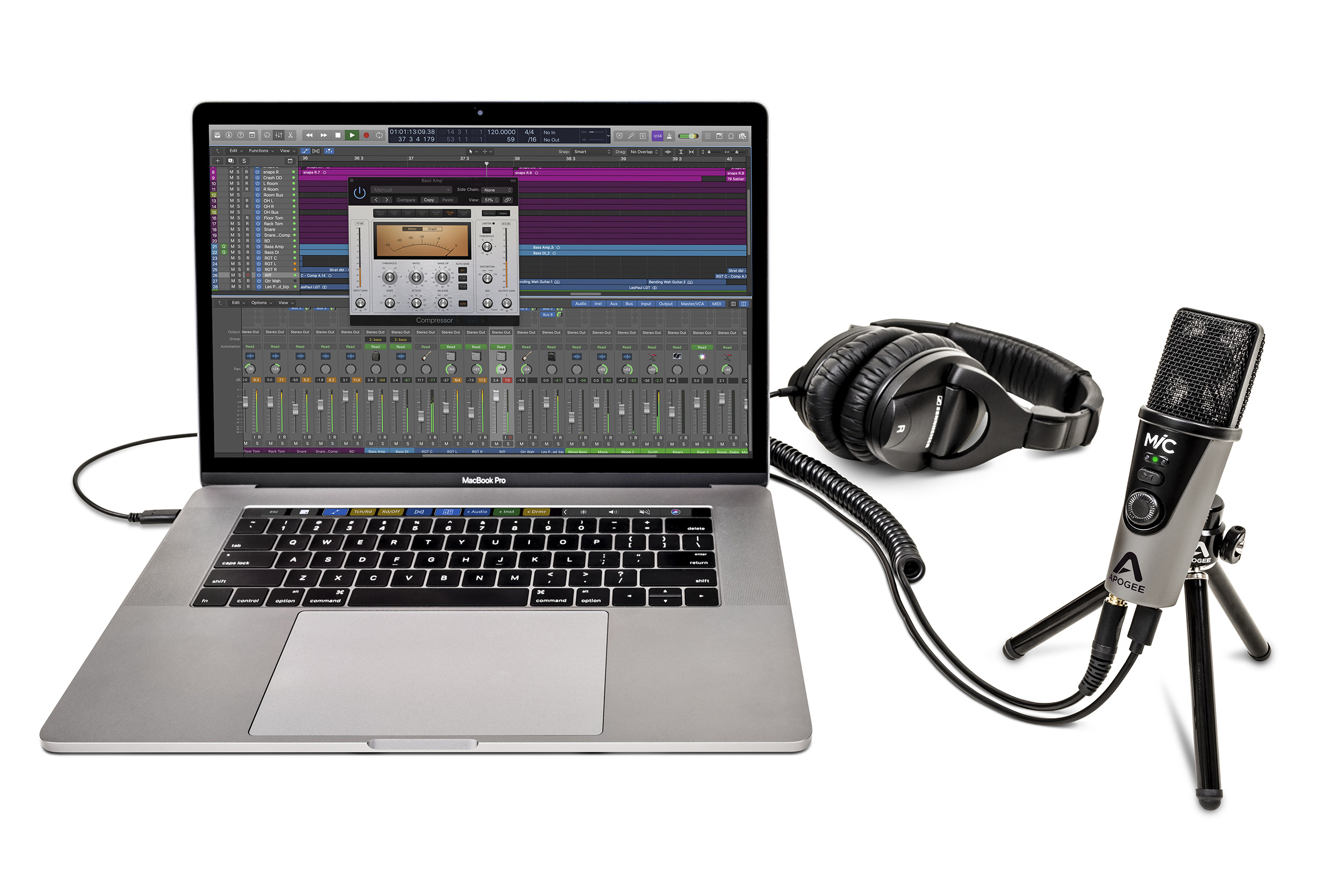 Apogee MiC Plus 3 Quarters Facing Left MacBookPro Headphones Tripod