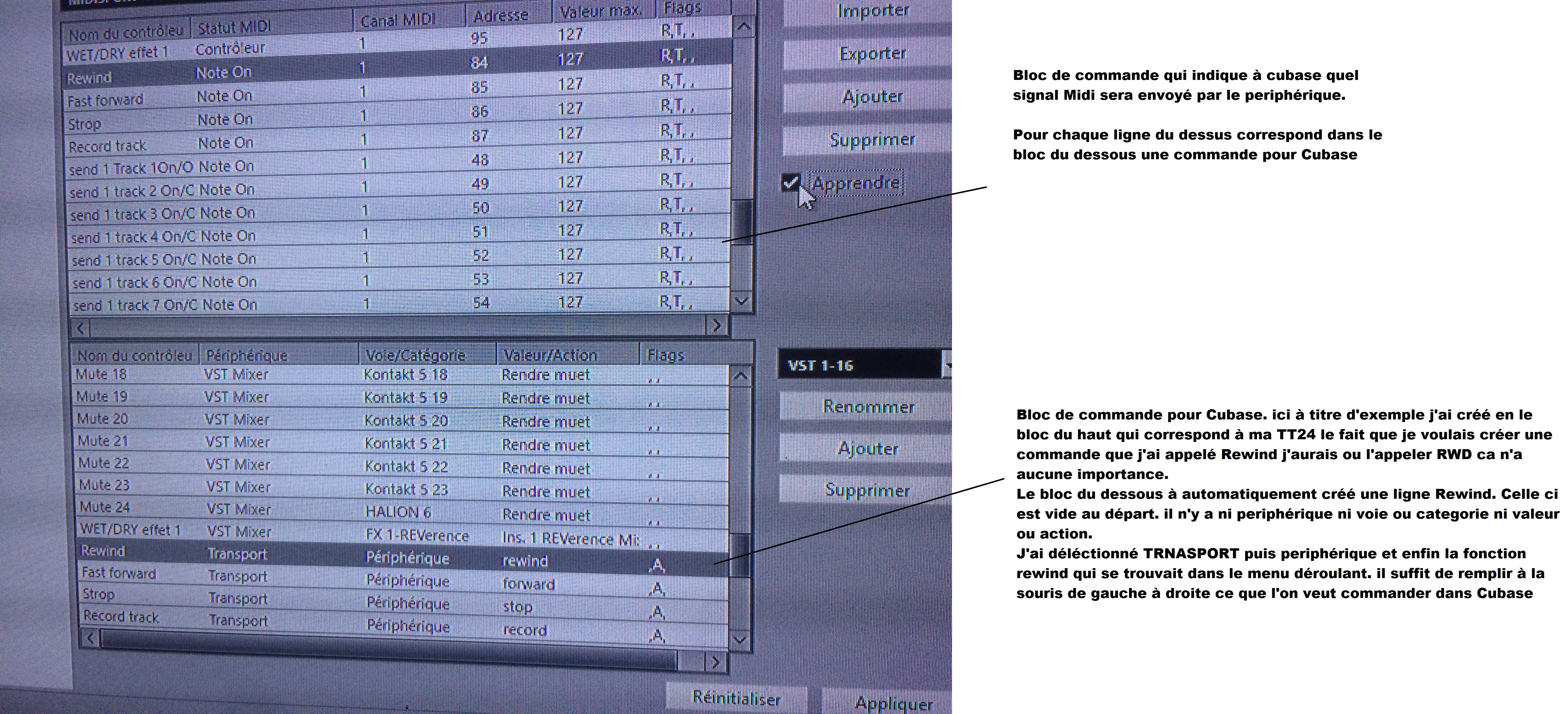 choix de la ligne de commande externe et la ligne de commande interna à cubase