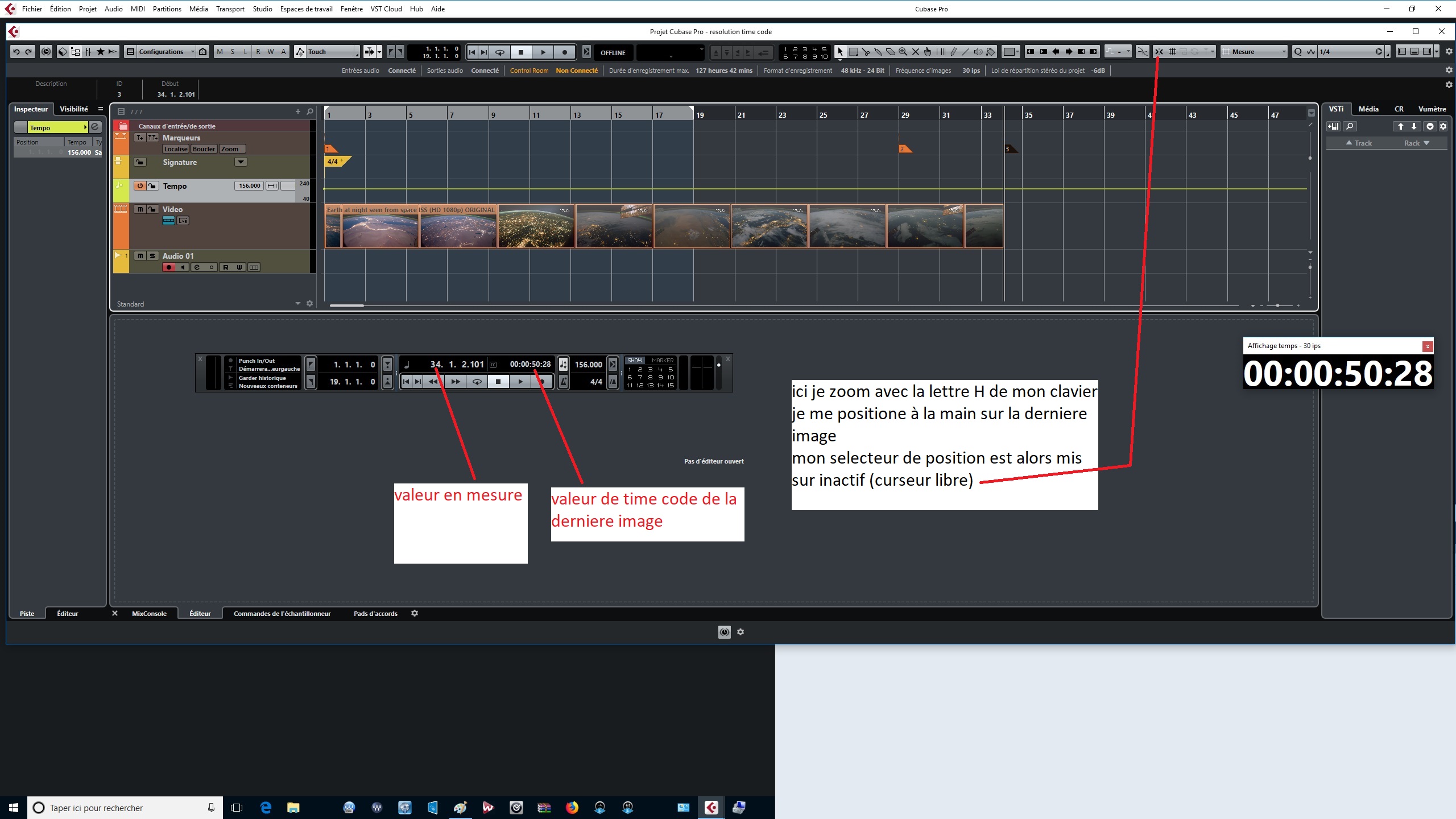 02 recherche de la derniere image et création d un marqueur je note le time code de fin et la mesure ici 34 1 2 101