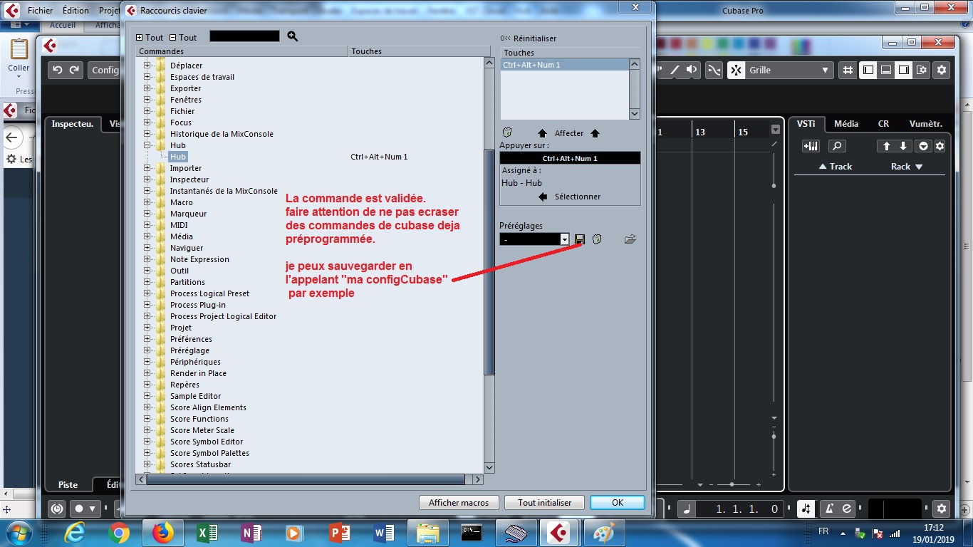 sauvegarde de ma config de raccrouci correspaodant dans cubase