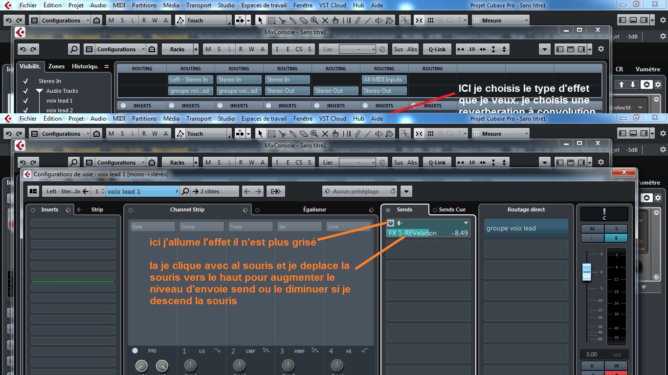 19 l envoie send est allumé et le niveau d'envoie est indique à cubase