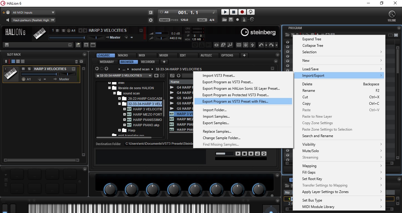 Steinberg HALion 6 : image 07 menu export Program as vst3 Preset with files pour exporter les samples avec