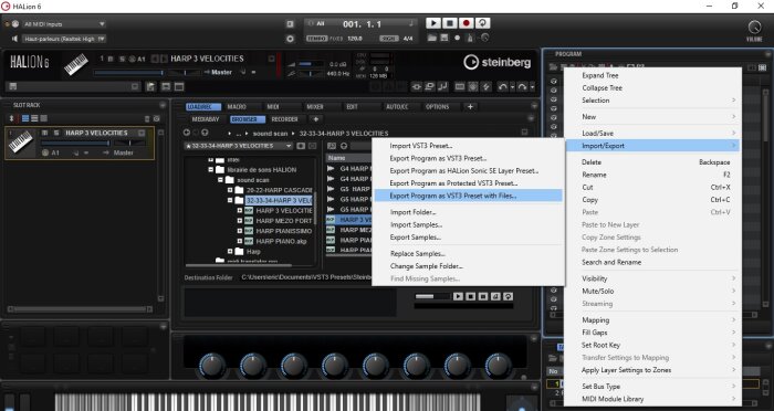 Steinberg HALion 6 : image 07 menu export Program as vst3 Preset with files pour exporter les samples avec Steinberg HALion 6 : image 07 menu export Program as vst3 Preset with files pour exporter les samples avec