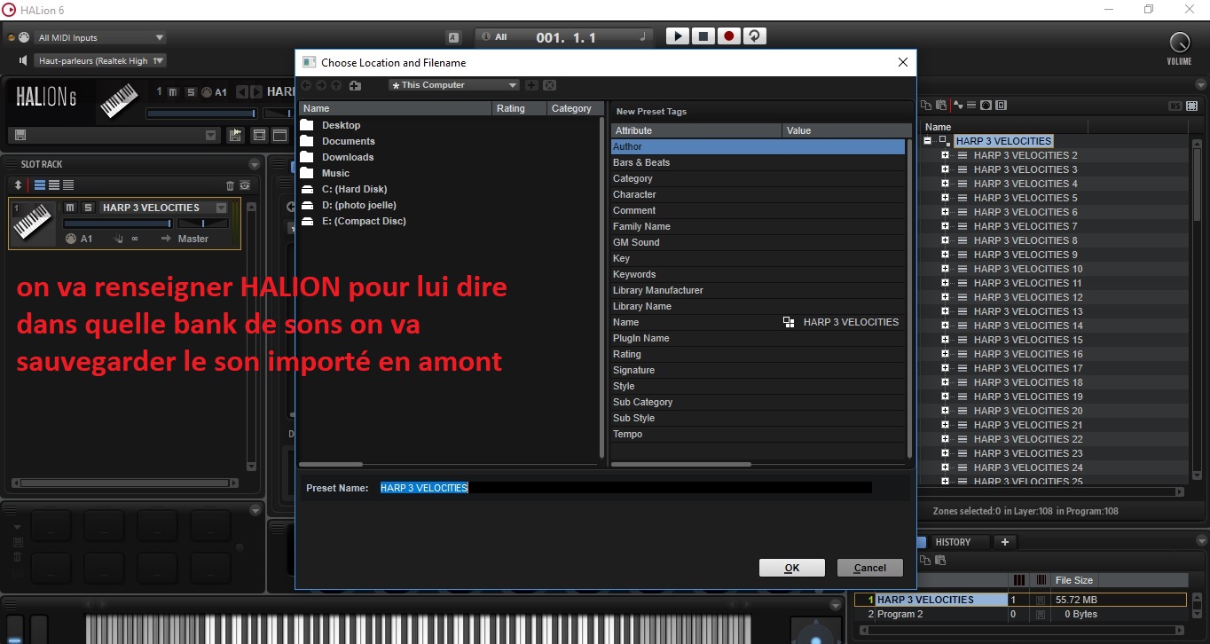 Steinberg HALion : image 08 on va renseigner HALION pour lui dire dans quelle bank de sons on va sauvegarder le son importés en amont