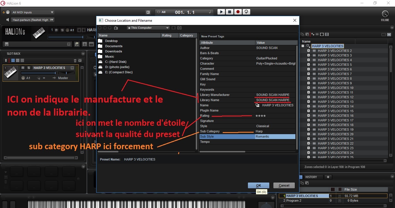 Steinberg HALion 6 : image 10 on renseigne les caracterstiques du son avec library name et library Manufacter