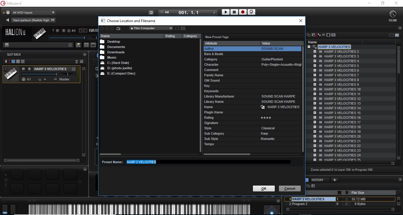 Steinberg HALion 6 : image 11 ici on choisit le dossier où l'on sauvegarde le preset