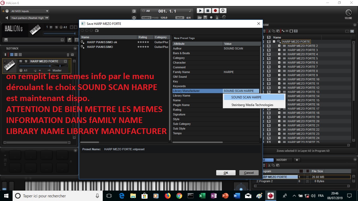 Steinberg HALion 6 : image 23 on remplit les memes info par le menu déroulant le choix SOUND SCAN HARPE est maintenant dispo