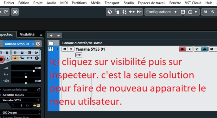 Steinberg Cubase Pro 10 : 0 image d'expliquation pour reussir à faire aparaitre la fenetre inspecteur Steinberg Cubase Pro 10 : 0 image d'expliquation pour reussir à faire aparaitre la fenetre inspecteur