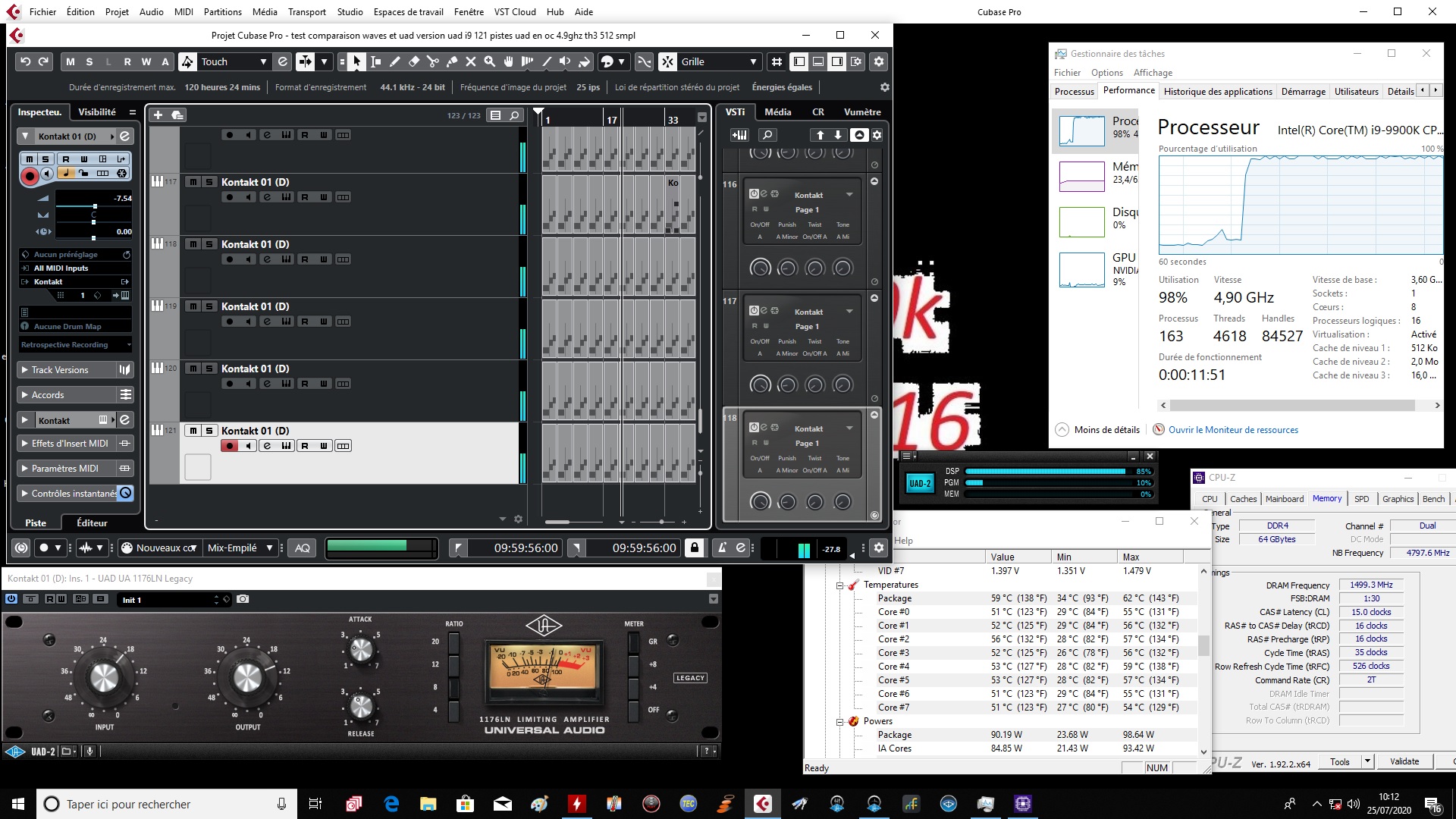 121 pîstes avec uad intel i 9 9900k oc 4.9 ghz all core mémoire 3000Mhz Th3 256 samples temperature 59 degres