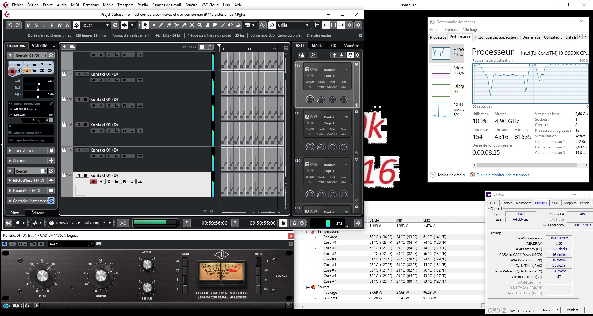 121 pîstes avec uad intel i 9 9900k oc 4.9 ghz all core mémoire 3000Mhz Th3 512 samples temperature 58 degres