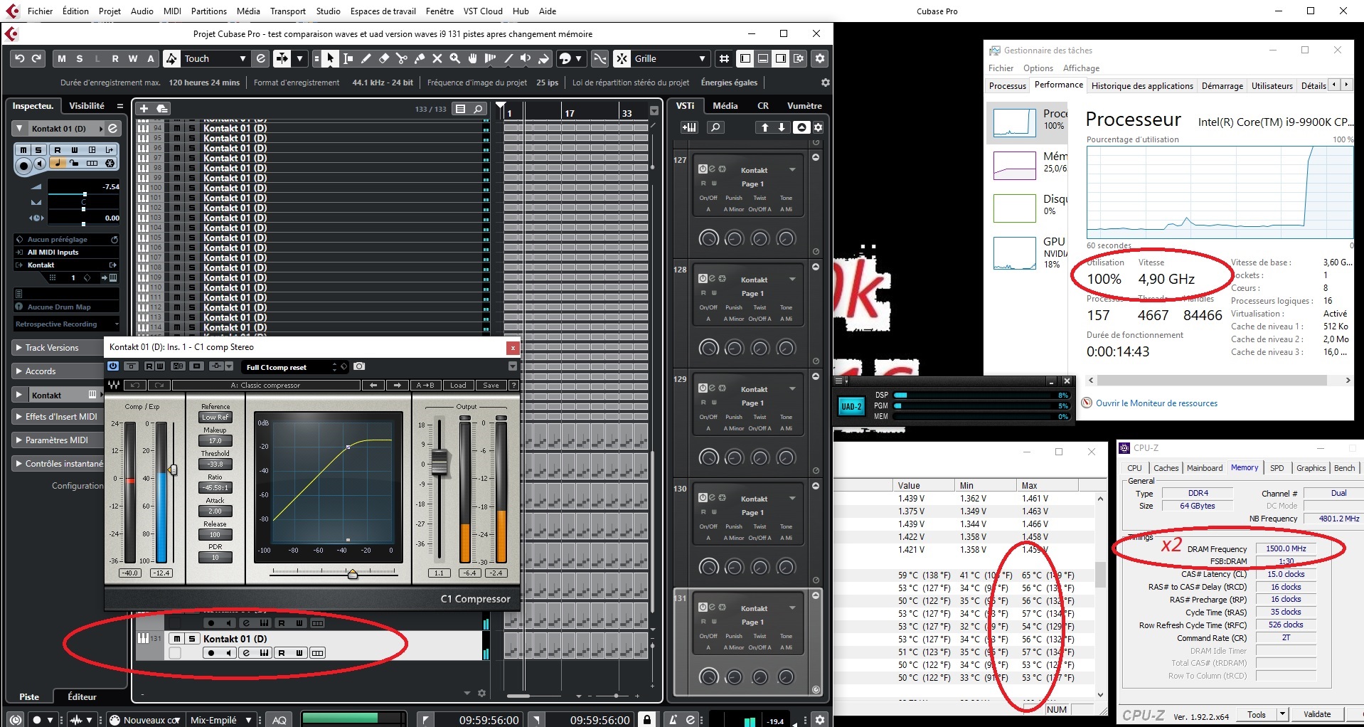 131 pistes avec waves intel i9 9900k oc 4.9 Ghz mémoire 3000 Mhz TH3 256 smpl temperature 65 degres