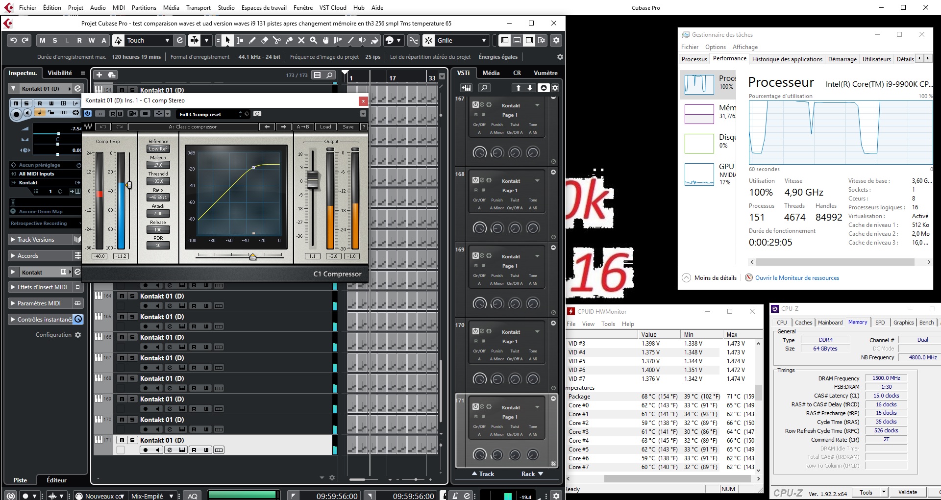 171 pistes avec waves intel I9 9900K oc 4.9 ghz all core mémoire 3000 Mhz 512 sample 13.696 ms 71 degres