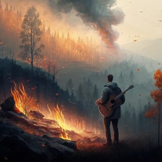 Arnaud a man with a guitar looking at a burning forest from the 2a6e7103-6228-4eec-b45c-cc379279998a Arnaud a man with a guitar looking at a burning forest from the 2a6e7103-6228-4eec-b45c-cc379279998a