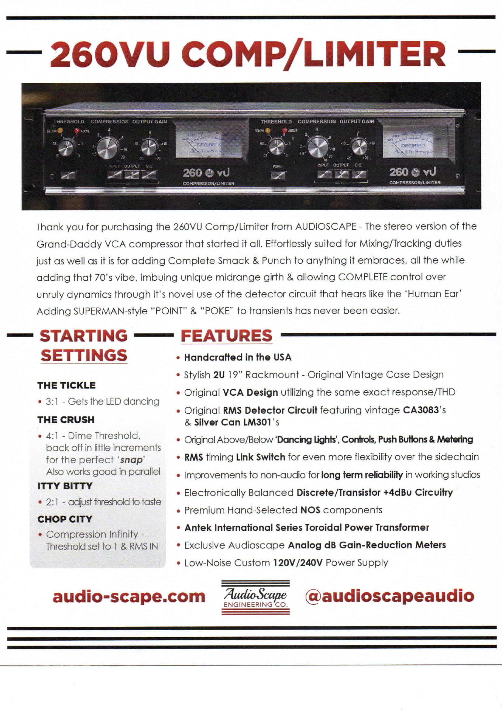 Audioscape 260 Vu Sheet