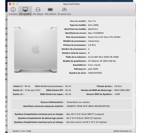 Apple Mac Pro 3,1 (2008)  8 cores (34179)