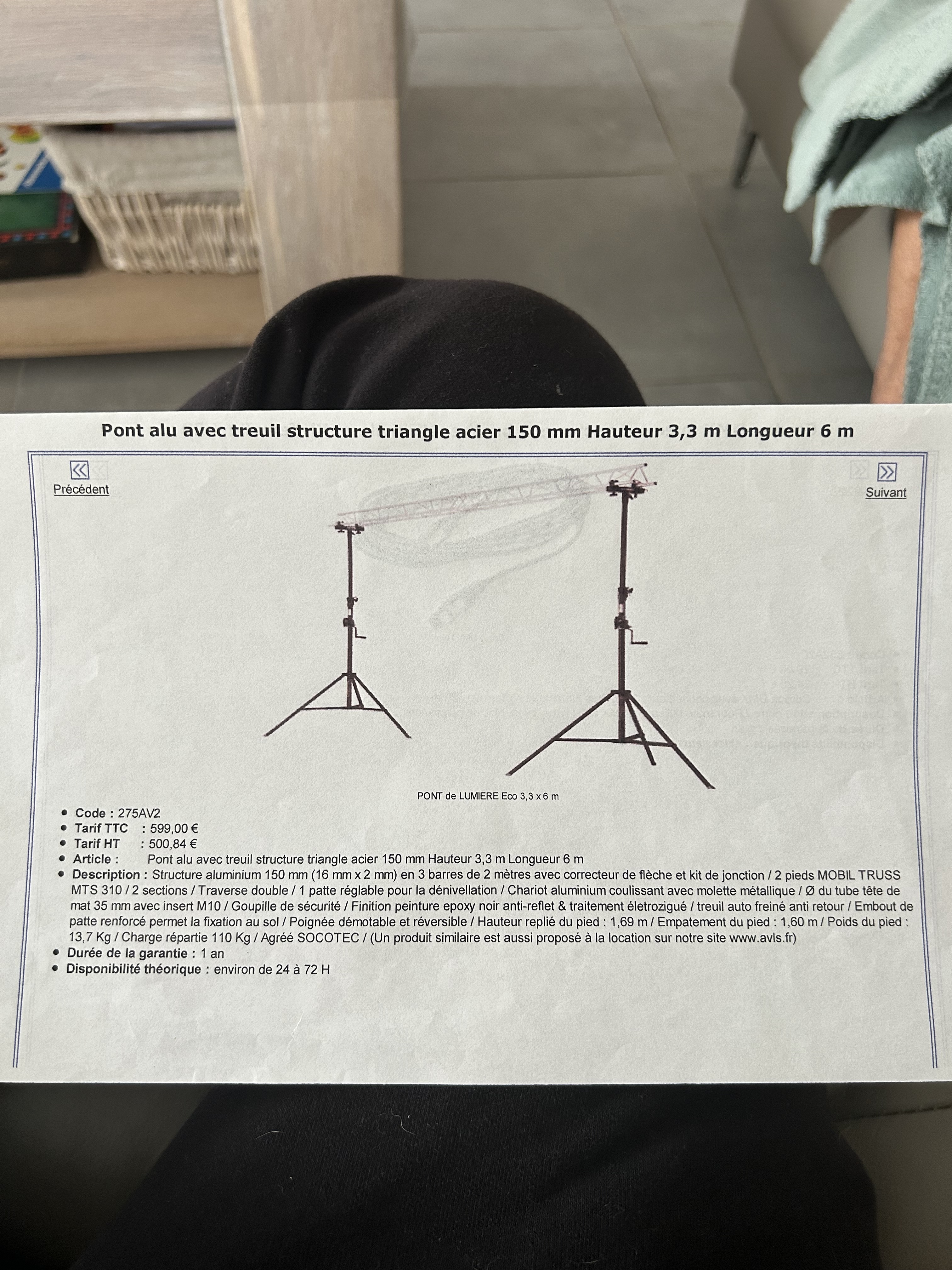 Pont alu avec treuil structure triangle acier 150 mm Hauteur 3,3 m Longueur 6 m
