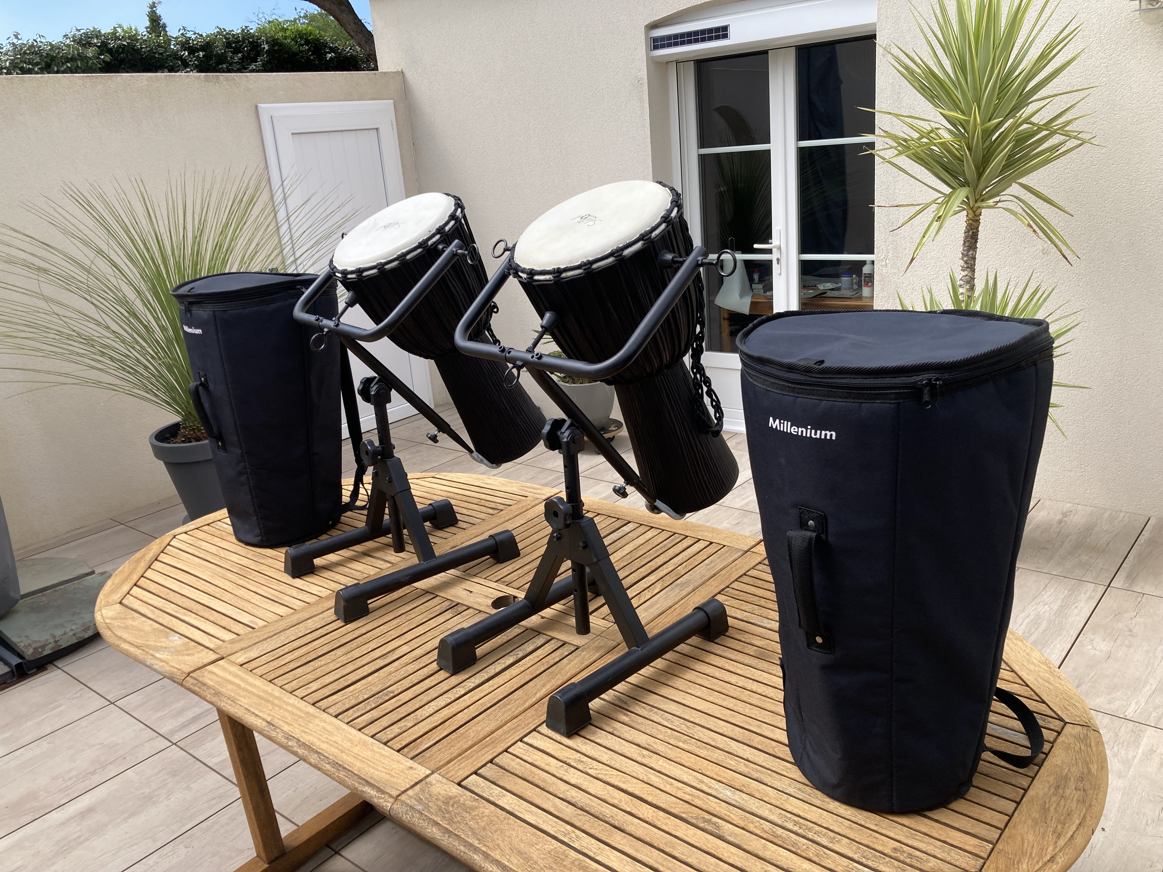 2 djembes sur stand avec housse.