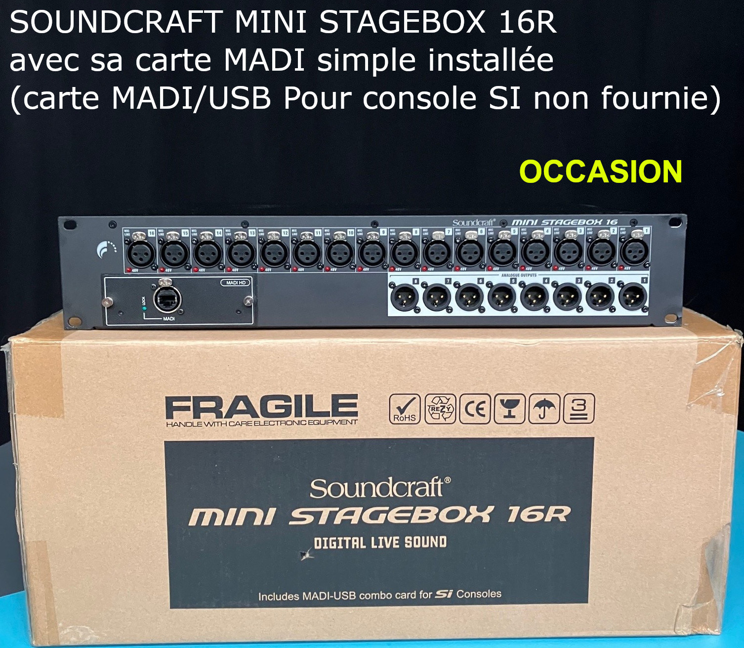 Vends d'occasion SOUNDCRAFT MINI STAGEBOX 16R avec carte MADI simple installée dans le boîtier