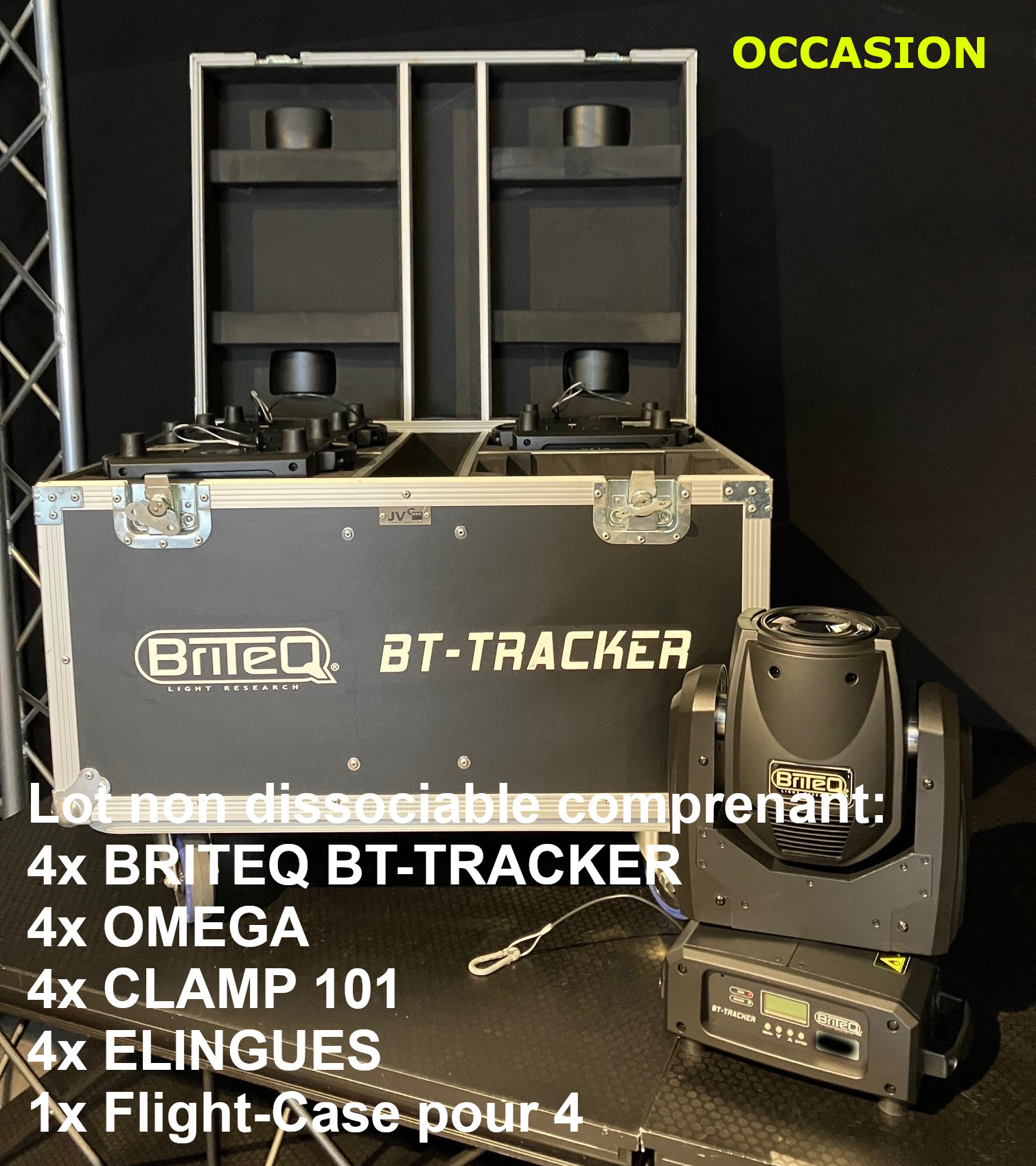 Vends Lot non dissociable de 4x Lyre Beam Lampe 1R BRITEQ BT-TRACKER + Flight-Case + accessoires