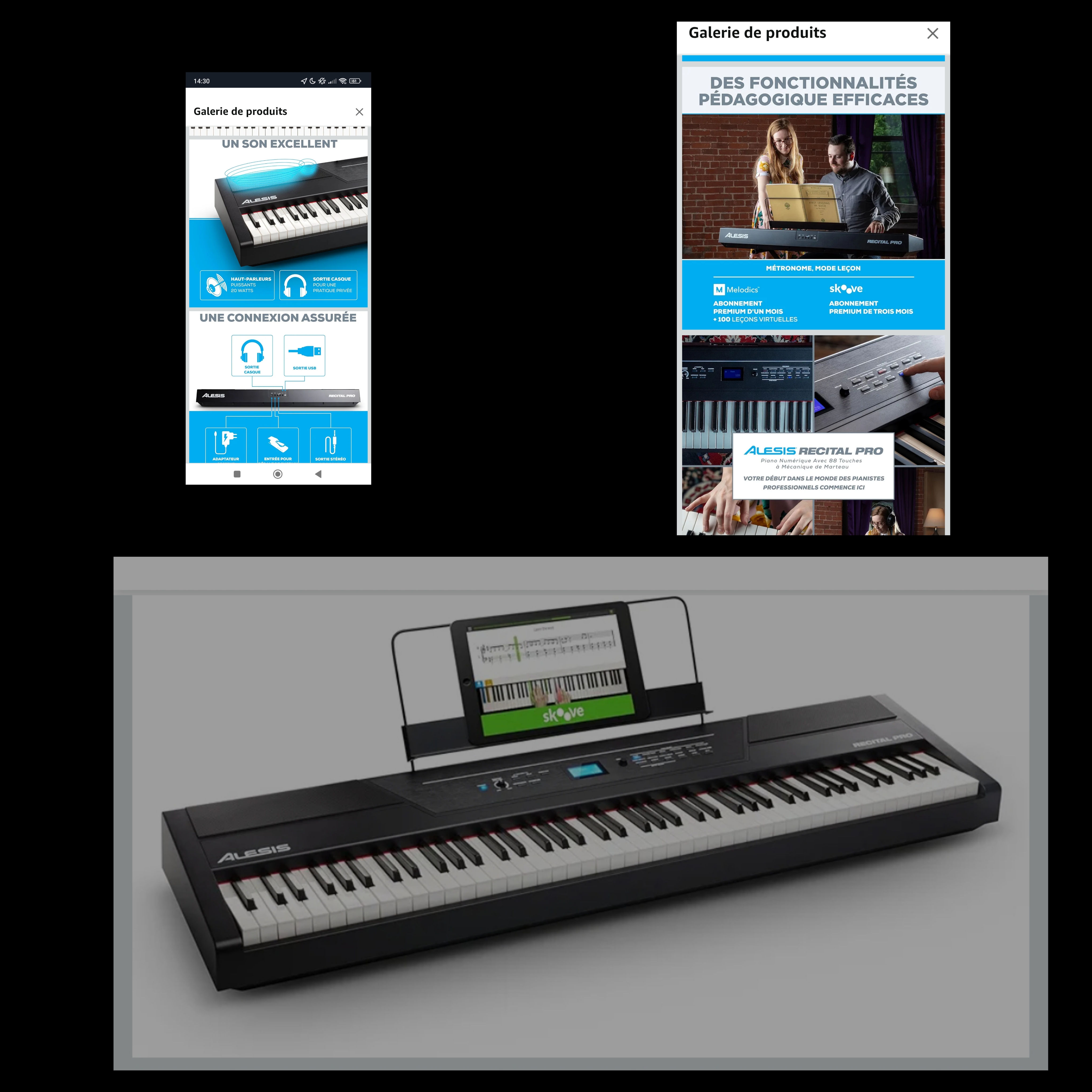 Clavier alesis récital pro comme neuf, très peu servi, toucher semi-lourd, 88 touches, disponible de suite.. Prix : 299 euros.