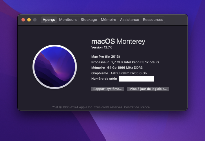 MACPRO 6.1 - 2,7GHZ 12 coeurs - 64 GO - 2xD700 - excellent etat