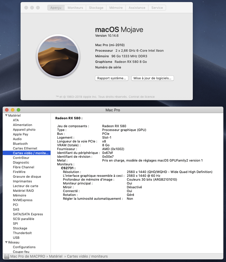 MACPRO 5.1 -2,66 GHZ BIPROC / 96Go RAM / 2 DISQUES SSD