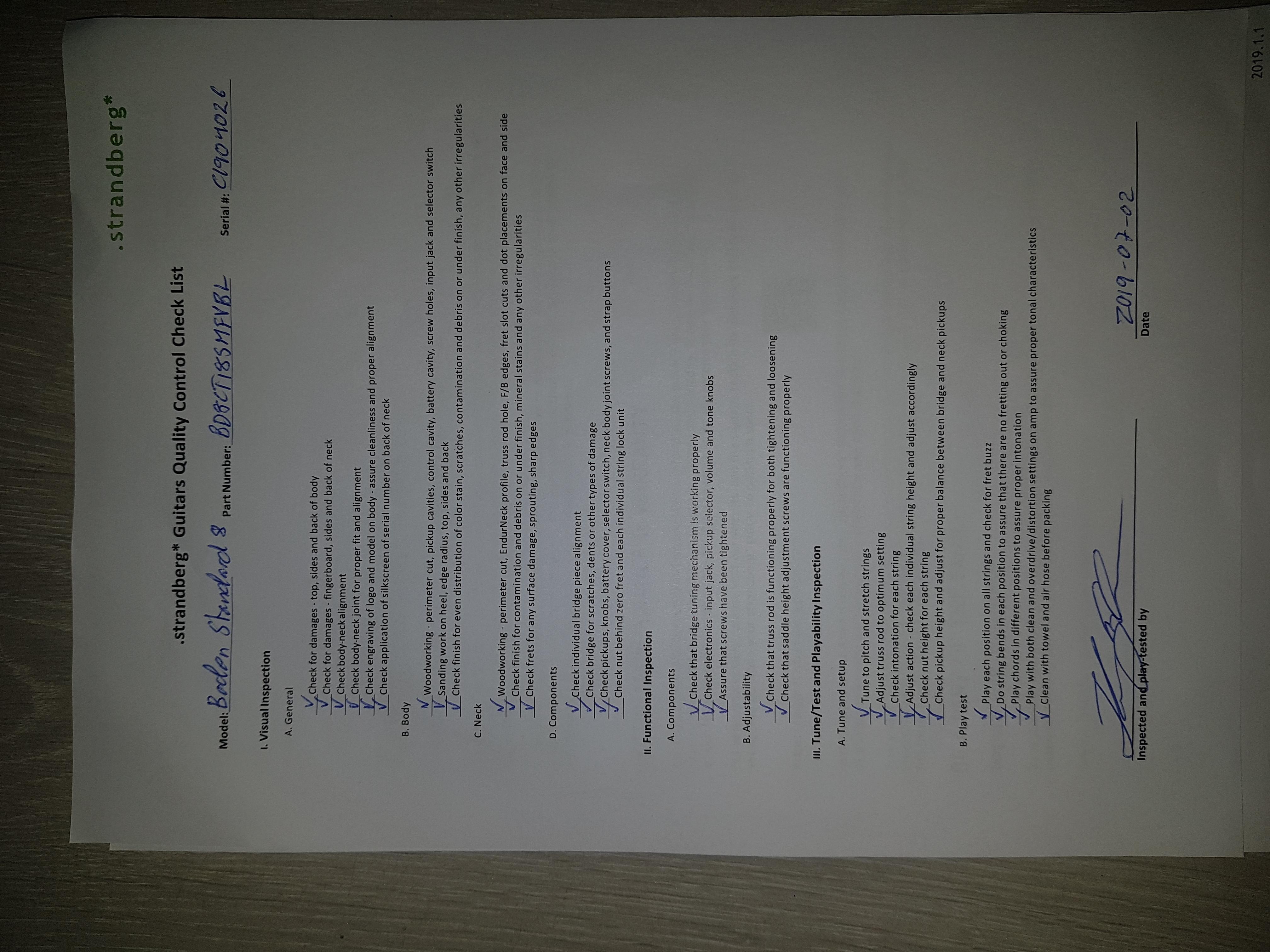 Strandberg Guitars Quality Control Check List