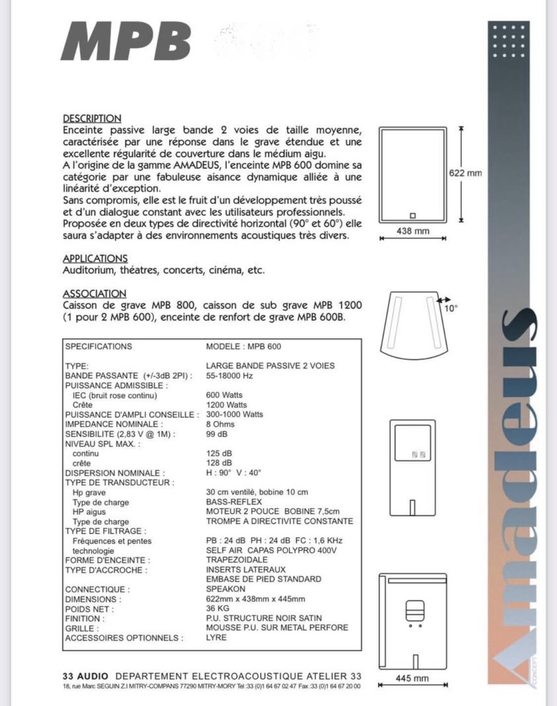Vends 3 caissons bass MPB800 Amadeus 