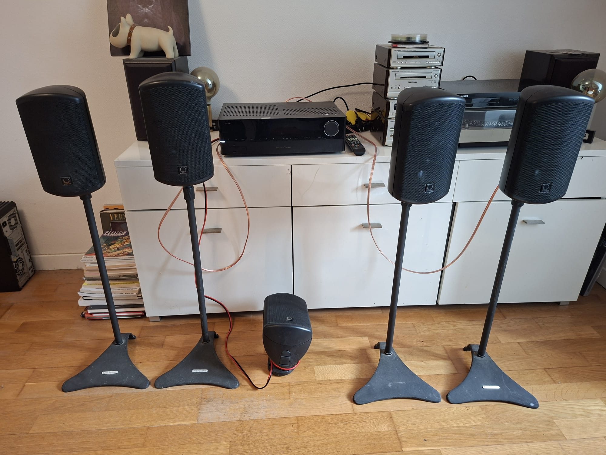 Pack  5 enceintes Turbosound + pieds Norstone et ampli Harman Kardon