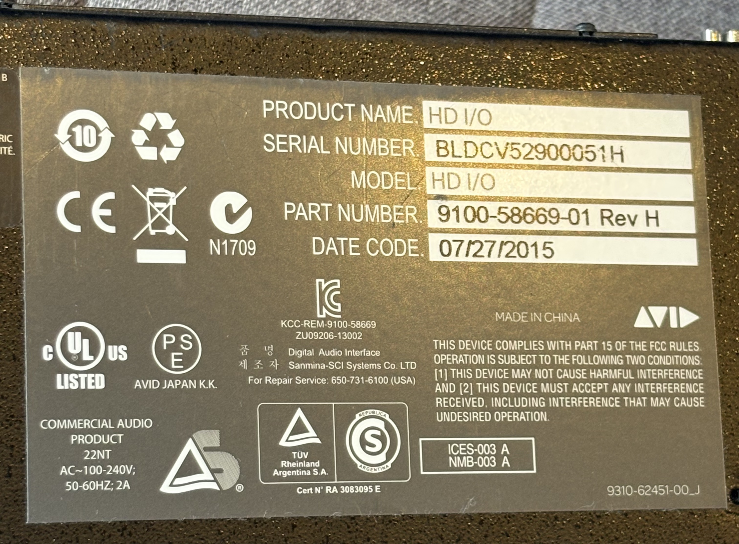 Avid HD I:O 16x16 analog  Serial