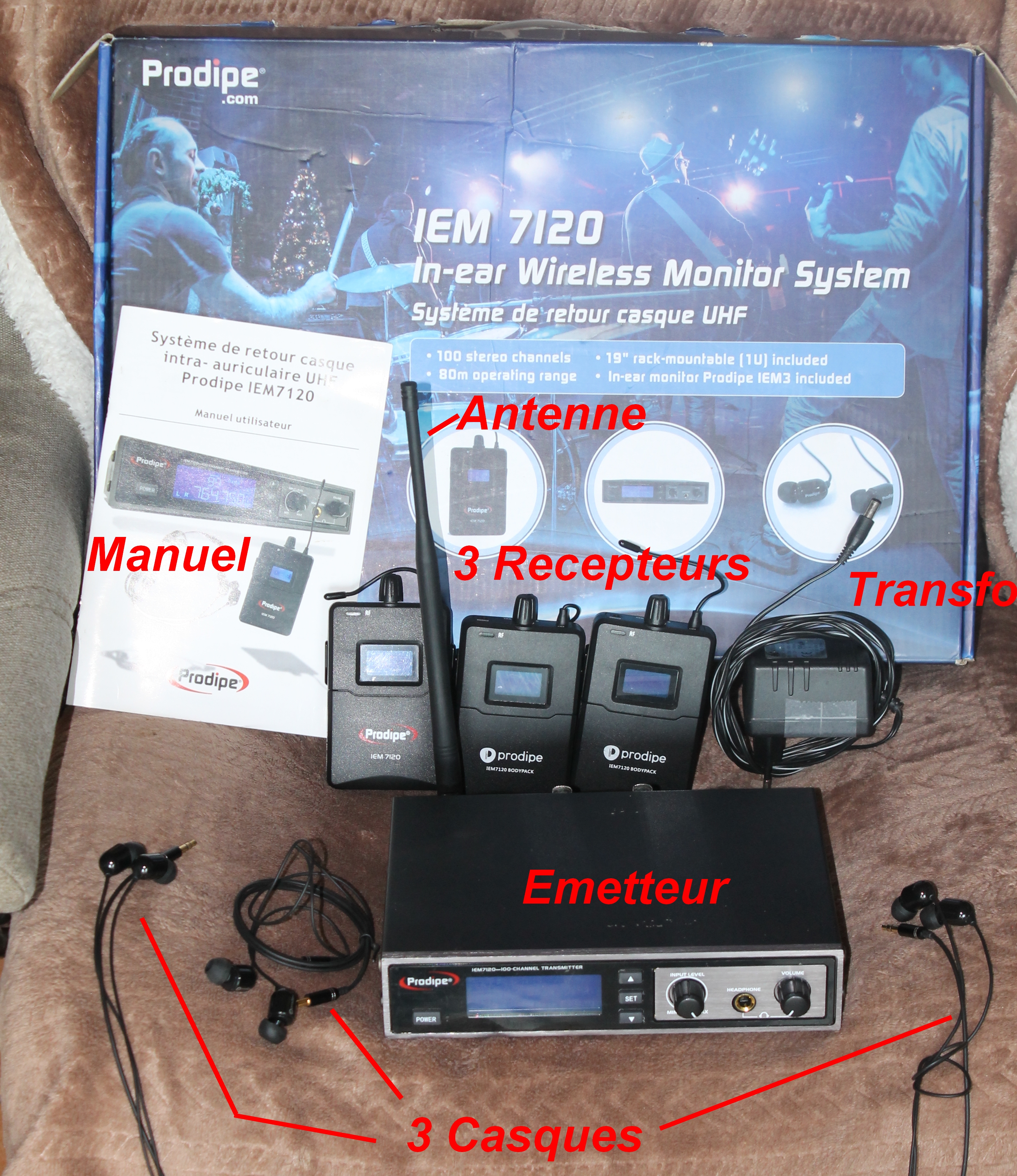 Retour de scène intra-auriculaire  « Prodipe IEM 7120 avec 3 récepteurs,3 casques et transfo