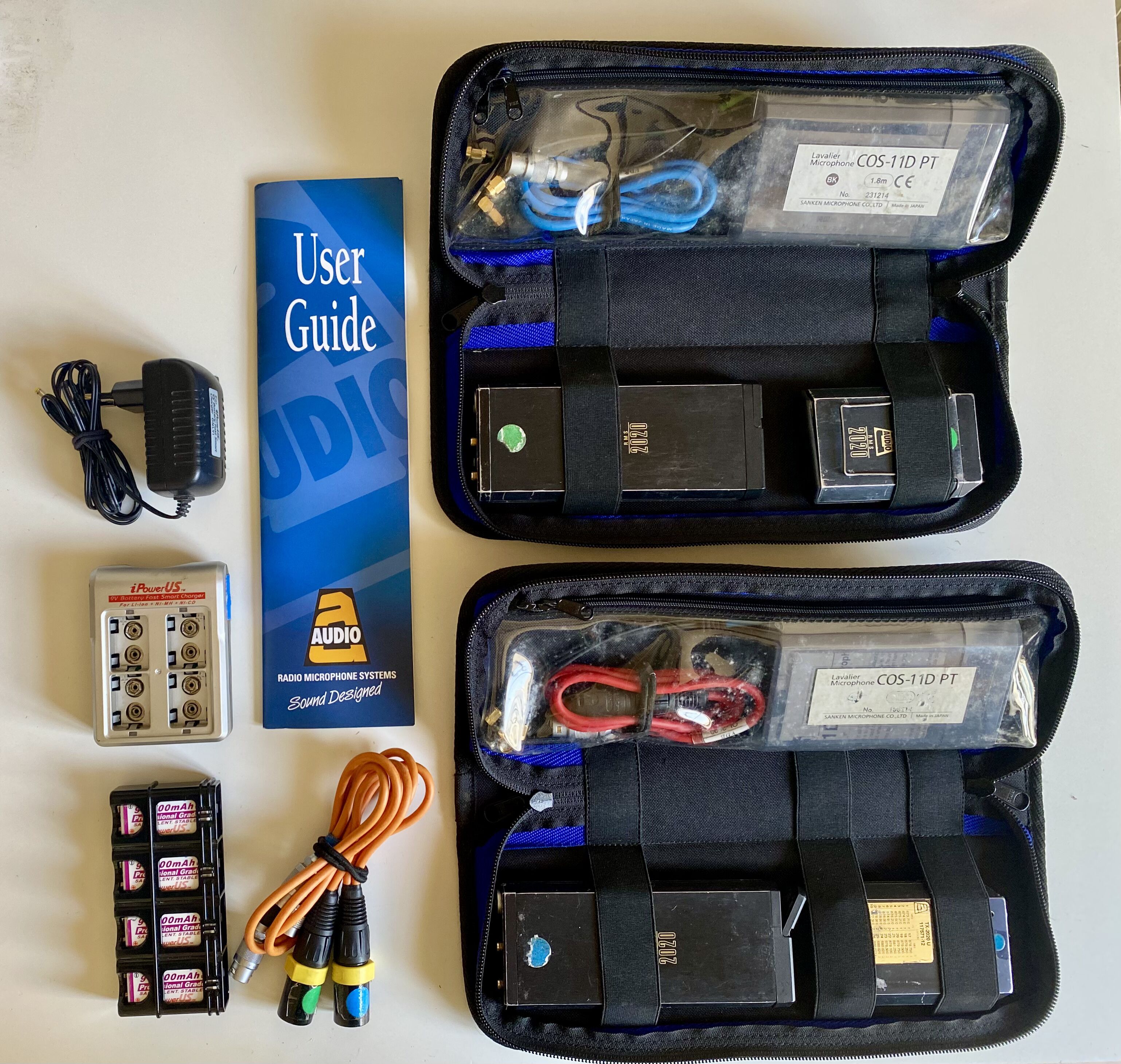 2 Systèmes micro-cravate HF Audio-Limited RMS2020 + Capsules Sanken COS-11 + Câbles + Piles & Chargeur