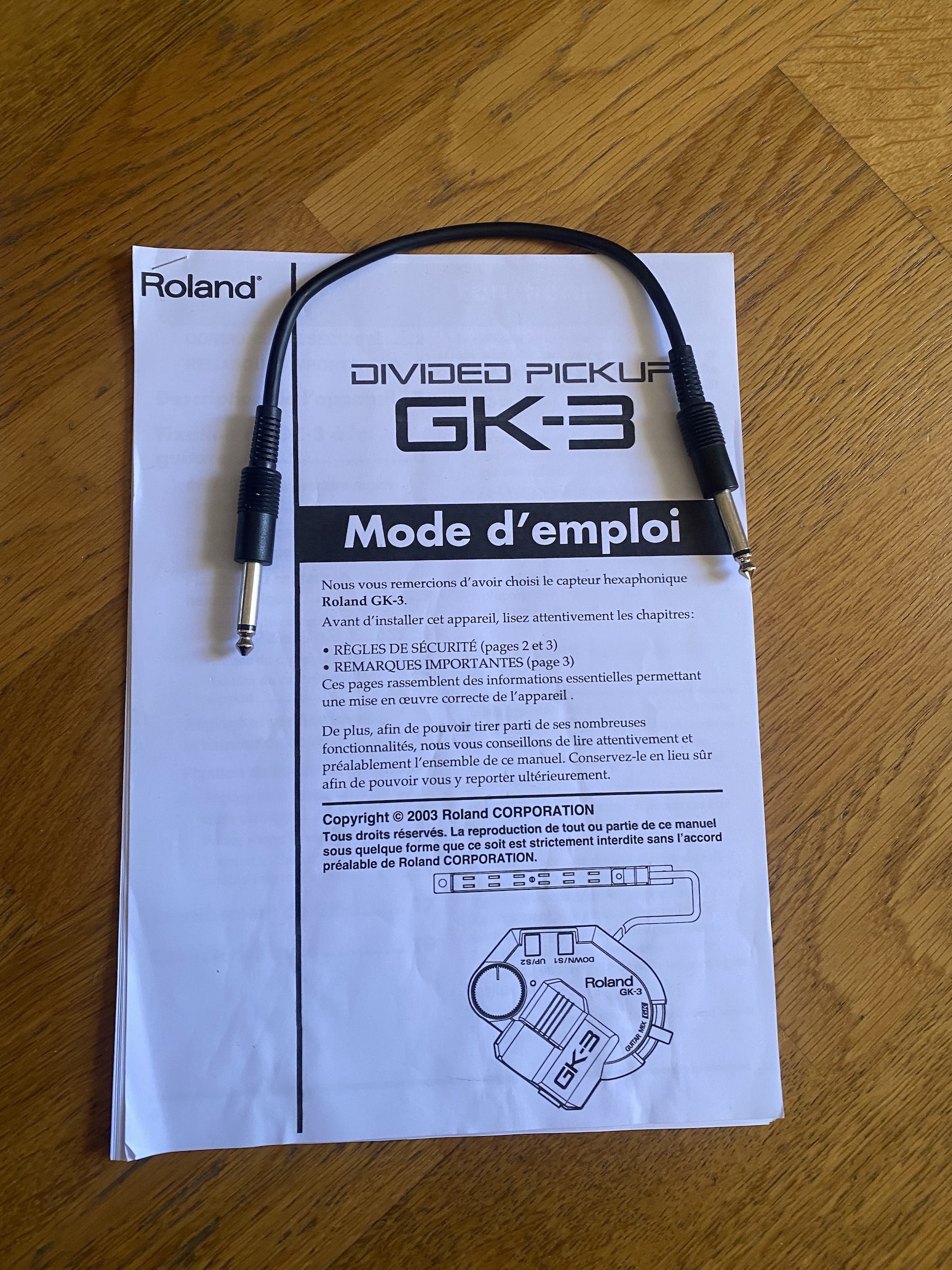 ROLAND GK-3.CAPTEUR HEXAPHONIQUE GUITARE. PARFAIT ETAT