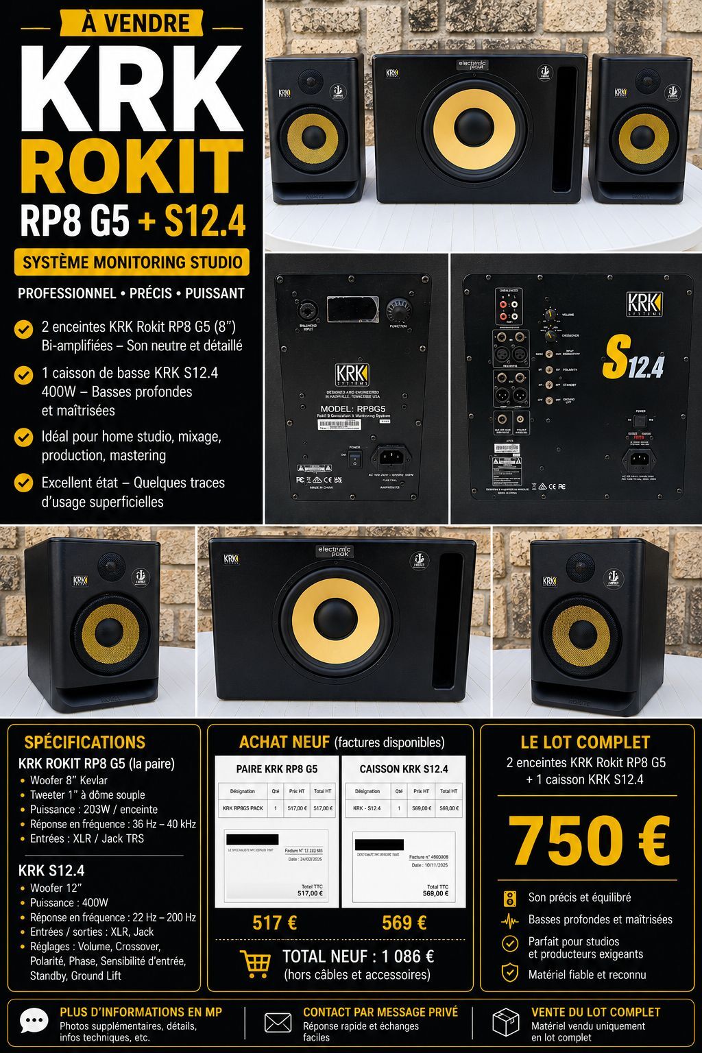 vends KRK Rokit RP8 G5 + Caisson KRK S12.4 – Pack Monitoring Studio
