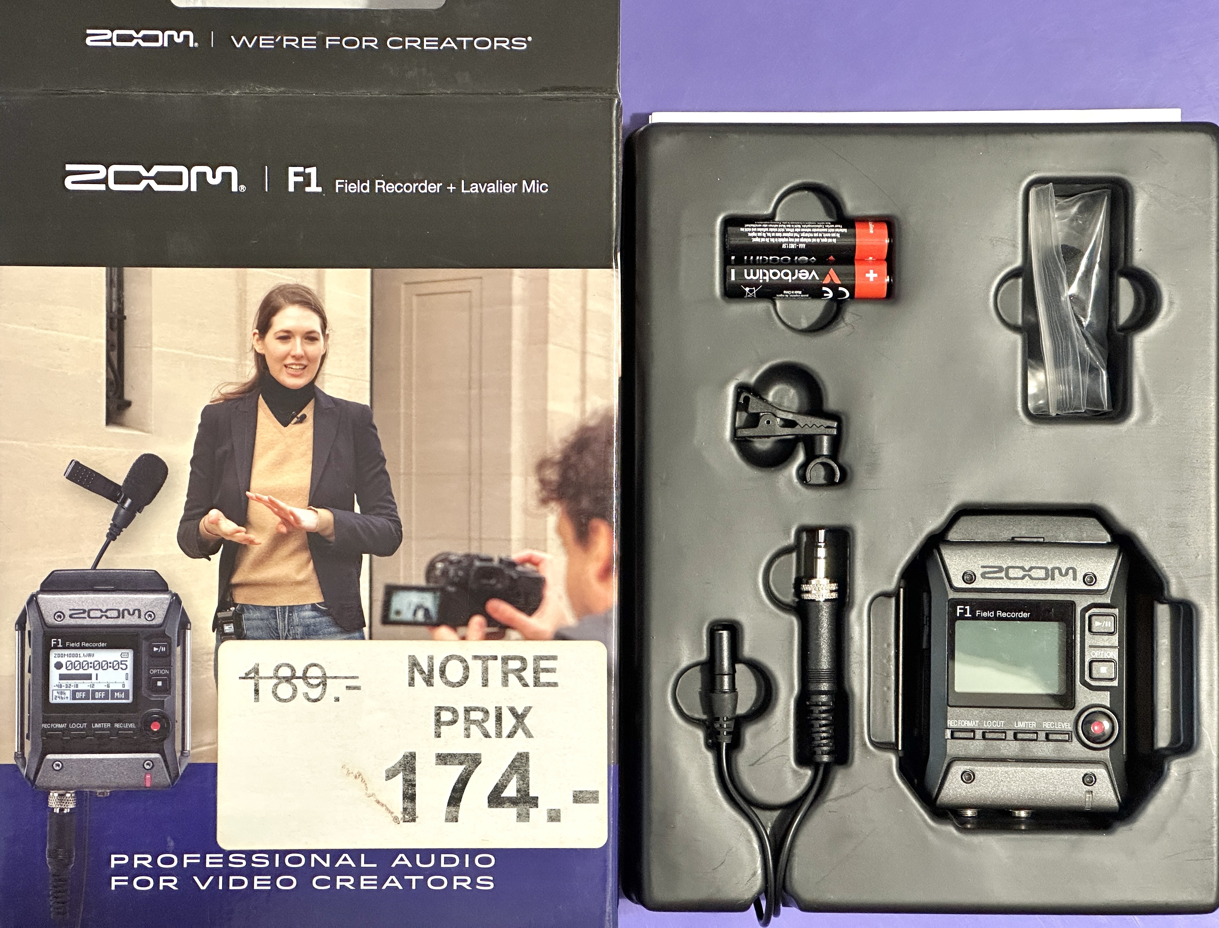 Zoom F1 + micro cravate + micro canon + bonnette + monture antichoc