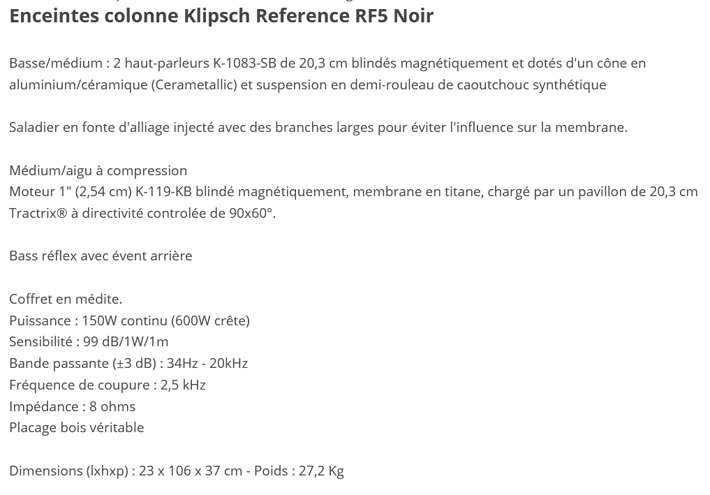 RF5 Caractéristiques techniques