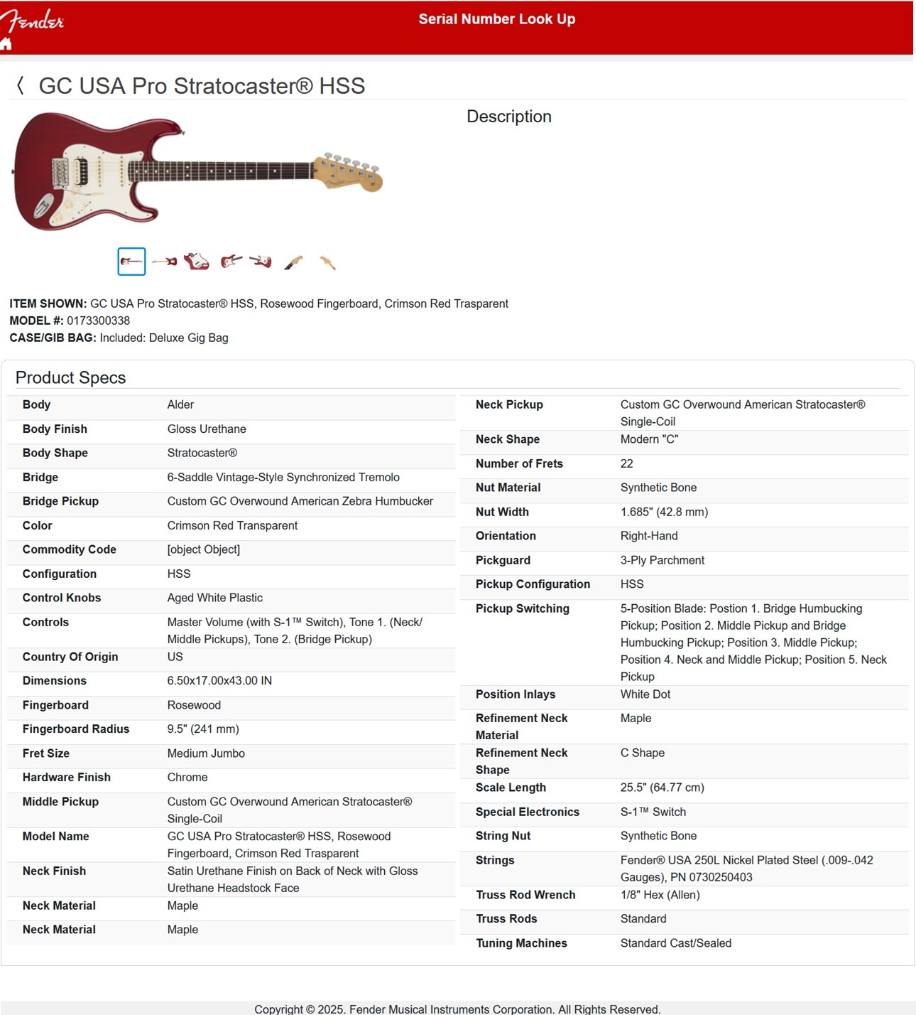 Fender - Stratocaster Crimson Red SSS US15100622